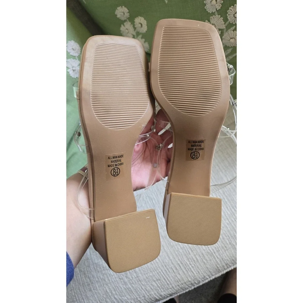 Soda Nude Tan Clear Heels Silver Studs Bling Women's Size 8.5 Open Toe EUC!